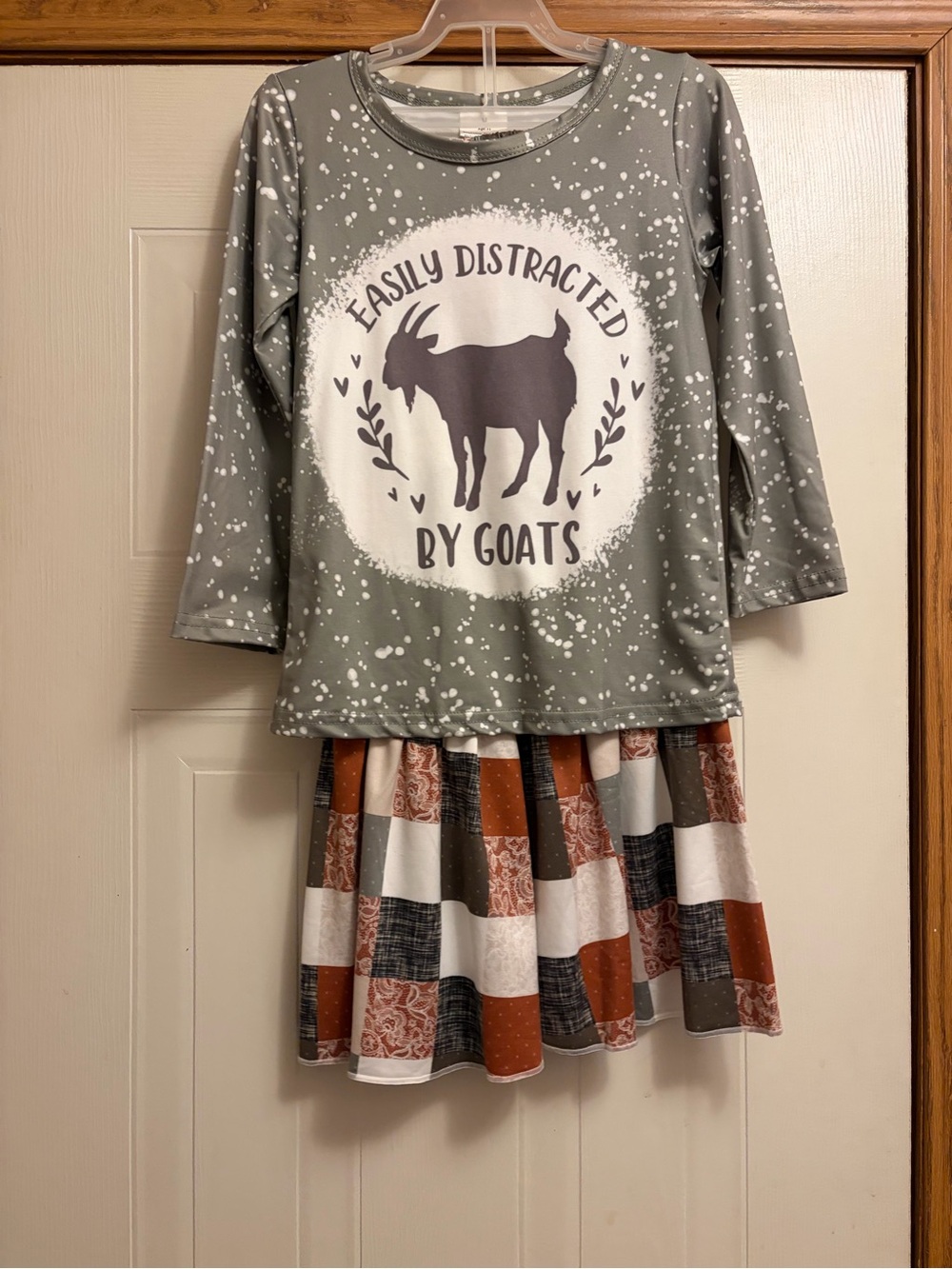 Girls' Green 'Easily Distracted by Goats' Long-Sleeve Patchwork Dress